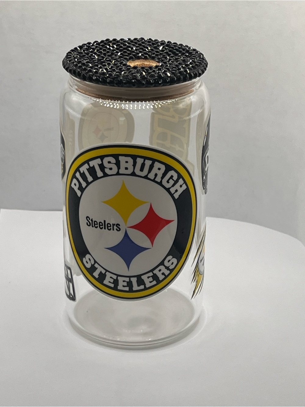 Clear Glass Drinking Jar with Black Beaded Lid